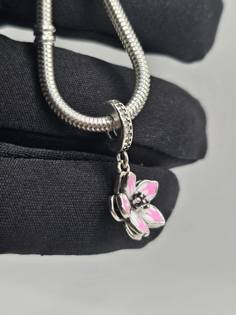 Sterling Silver 925 Rhodium Plated CZ Dangling Cherry Blossom Charm